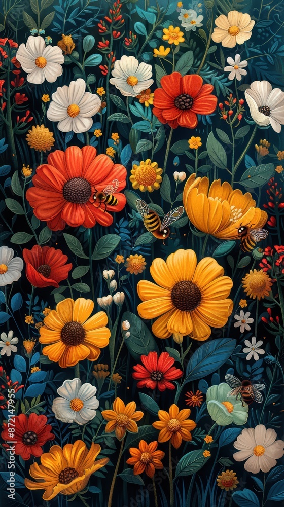 Vector illustration of a lush garden in spring, full of blooming flowers and buzzing bees. 