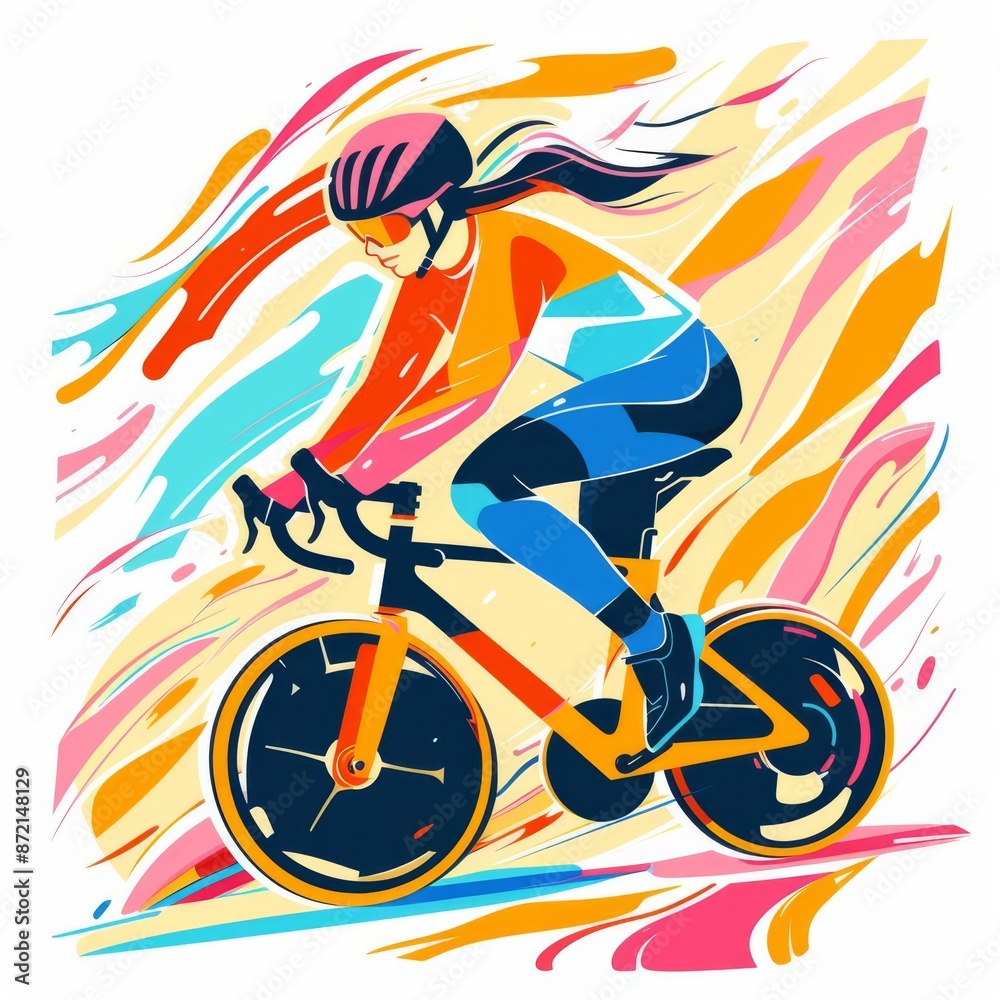Fototapeta premium Flat illustration of a person performing air cycling exercises with vibrant colors and dynamic lines, fitness routine, modern workout illustration