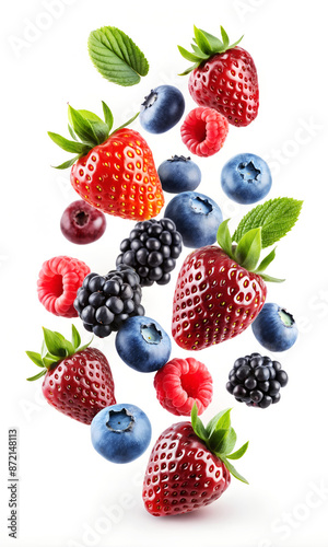 Falling berries on isolate white background. Strawberries, blueberries, raspberries, mint. Selective focus