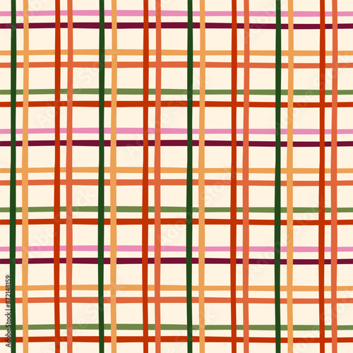 Colorful gingham tartan check plaid seamless pattern. Vector yellow, red, green stripes on beige background. Checkered repeat geometric print for textile design, gift paper, fabric, blanket, pajamas.