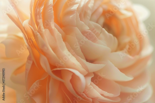 Close Up of Soft Peach Ranunculus Flower with Delicate Petals in Gentle Light