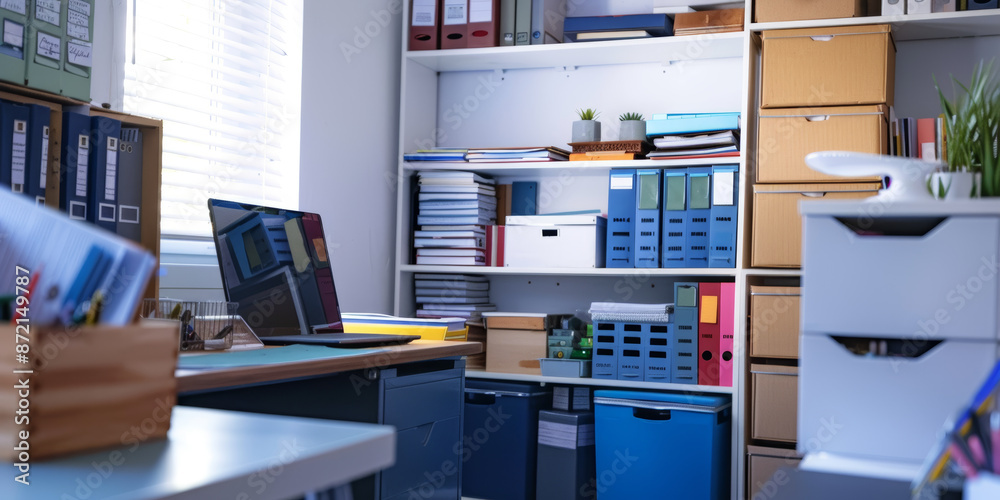 Modern Organized Home Office with Shelves and Desk Setup for Productivity Modern Organized Home Office with Shelves and Desk Setup for Productivity