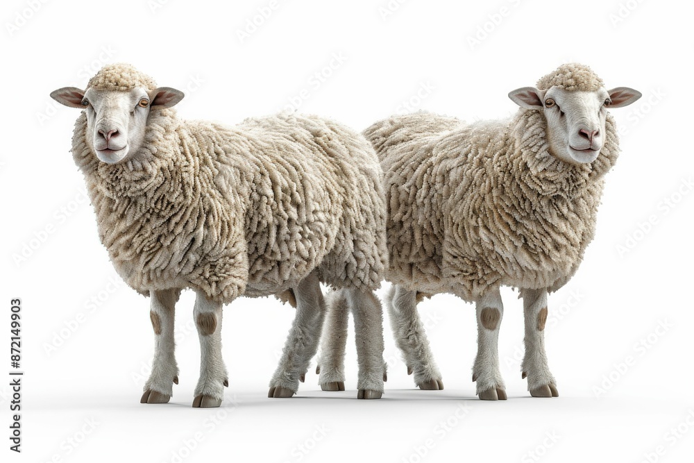 Two Fluffy Sheep Standing Together on a White Background, Perfect for Agricultural and Farm-Themed Projects Two Fluffy Sheep Standing Together on a White Background, Perfect for Agricultural and Farm-Themed Projects