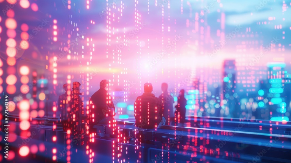 Obraz premium Futuristic cityscape with digital elements and silhouettes of people, showcasing technology and innovation in a modern urban environment.