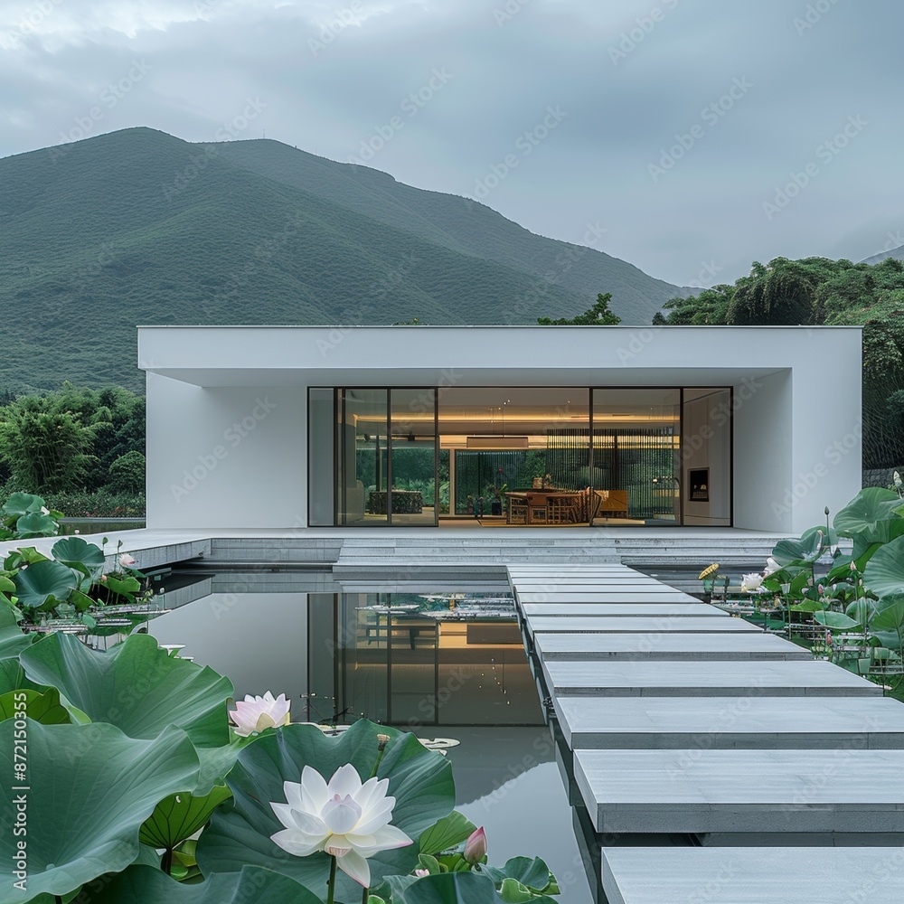 minimalist modern single story house in a mountainous region surrounded ...