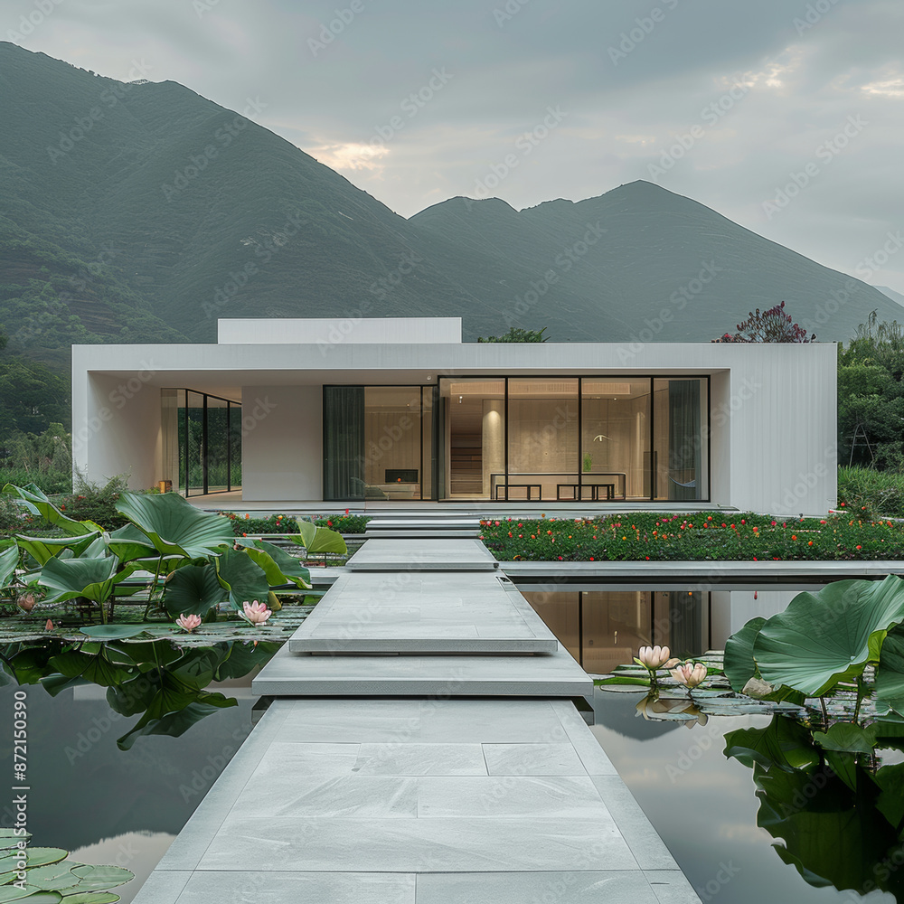 minimalist modern single story house in a mountainous region surrounded ...