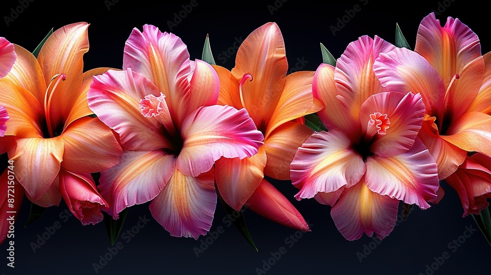 Obraz premium A cluster of pink and orange blossoms set against a dark canvas