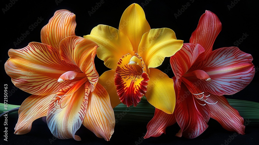 A close-up of three flowers on a black background with a red, yellow, and white flower A close-up of three flowers on a black background with a red, yellow, and white flower