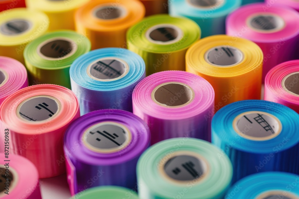 Colorful rolls of adhesive tape arranged in a neat pattern, showcasing variety and brightness. Ideal for crafts, packaging, and office use. Colorful rolls of adhesive tape arranged in a neat pattern, showcasing variety and brightness. Ideal for crafts, packaging, and office use.