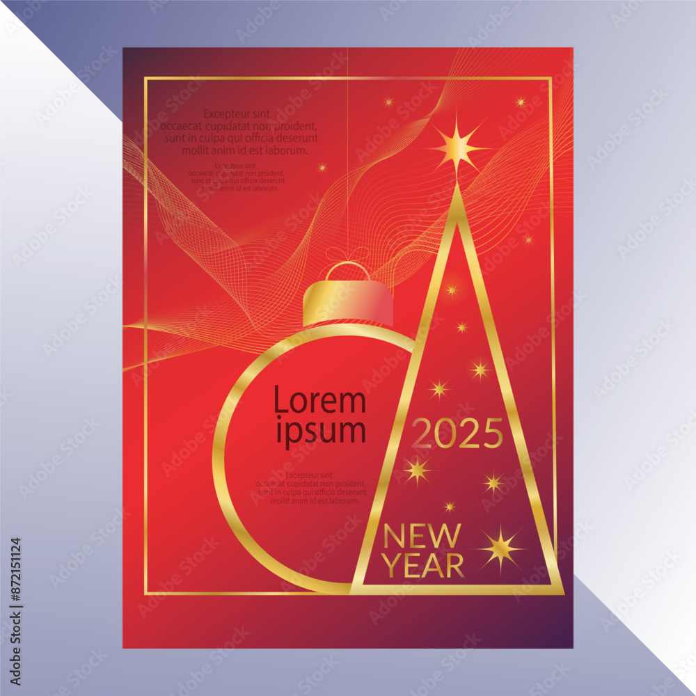 Naklejka premium Merry Christmas and Happy New Year 2025 red gold greeting card , Modern design typography invite posters, template, Layout. Holidays Golden Christmas tree and ball design banner