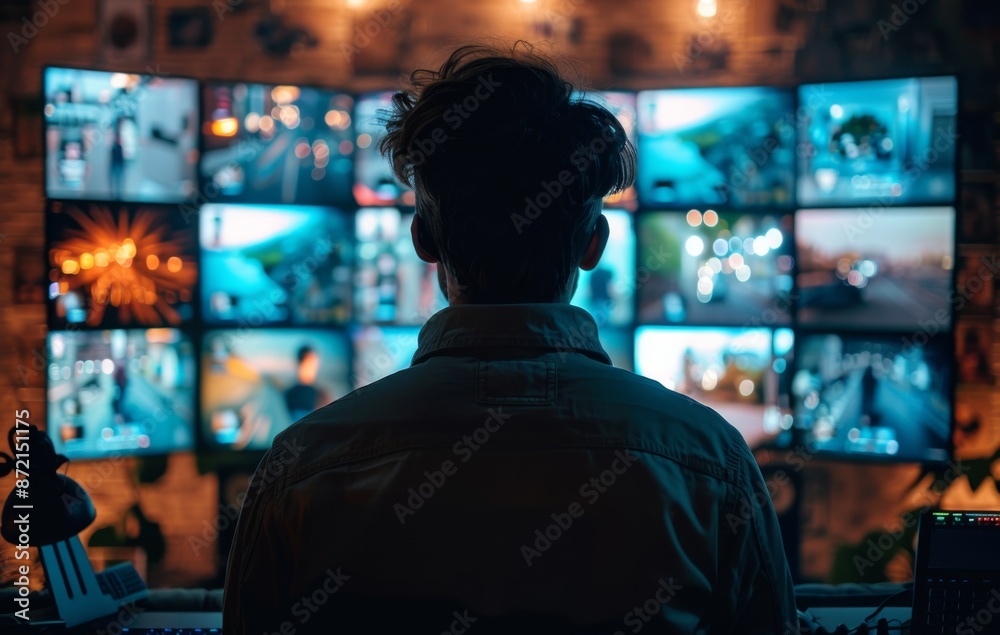 A man was watching photos on the big screen of his computer. There were many pictures in front of him against a dark background. Back view A man was watching photos on the big screen of his computer. There were many pictures in front of him against a dark background. Back view