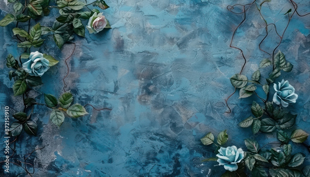 Fototapeta premium Dark blue roses and green leaves on a textured blue background, greeting cards or invitations border floral