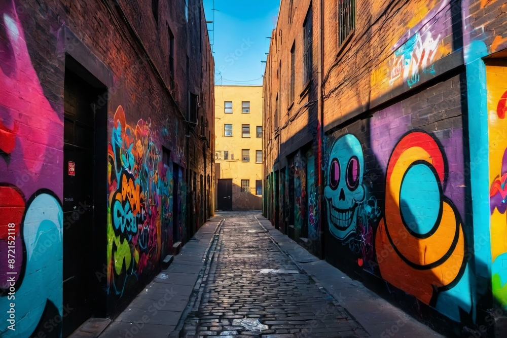 Fototapeta premium Narrow alley with colorful street art and graffiti on the walls