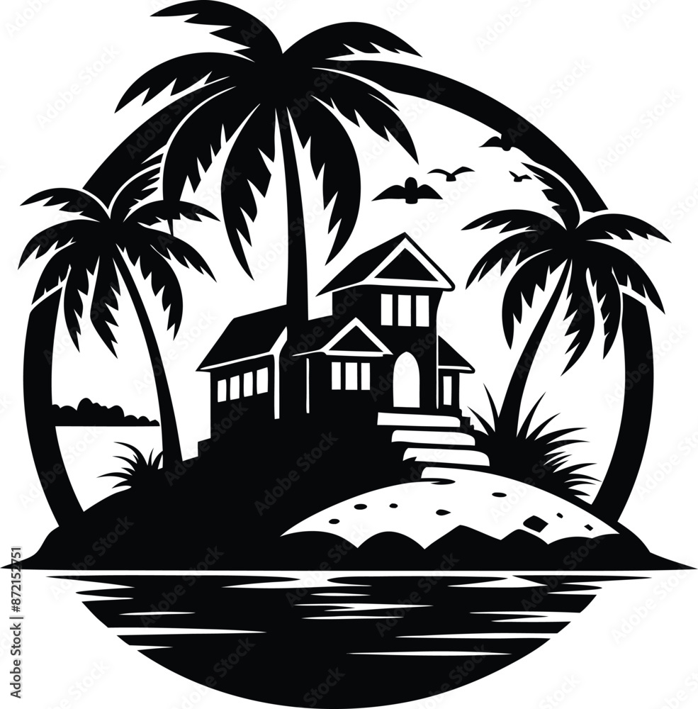 custom made wallpaper toronto digitalTropical island and beach house silhouette  black and white