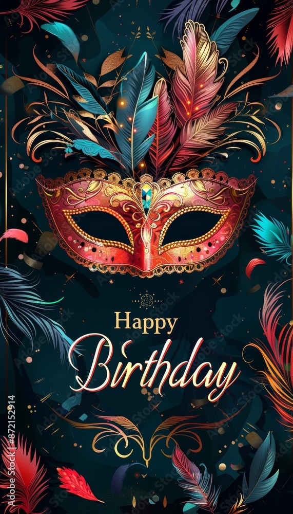 Elegant Masquerade Ball Birthday Background with Luxurious Masks, Feathers, and Glittering Decorations Elegant Masquerade Ball Birthday Background with Luxurious Masks, Feathers, and Glittering Decorations