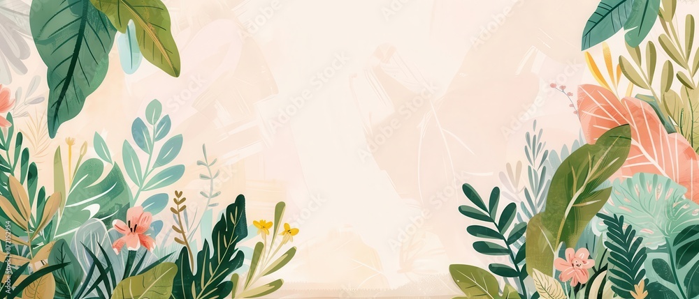 Elegant botanical frame with various green and colorful plants on a soft pastel background, perfect for invitations or social media posts. Elegant botanical frame with various green and colorful plants on a soft pastel background, perfect for invitations or social media posts.