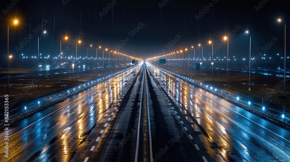 A long, empty highway at night, gleaming wet from recent rain, with reflections of streetlights creating a symmetrical pattern on the damp asphalt. A long, empty highway at night, gleaming wet from recent rain, with reflections of streetlights creating a symmetrical pattern on the damp asphalt.