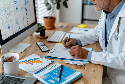 A doctor in a white coat sits at a desk, reviewing medical charts and reports while writing notes on a clipboard.