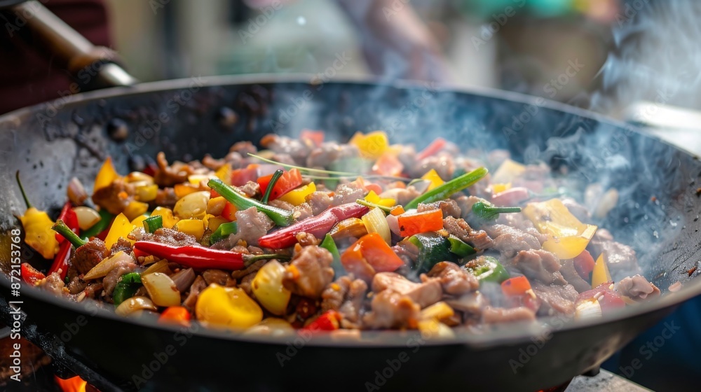 A colorful stir-fry sizzling in a hot wok, with vibrant vegetables and meat A colorful stir-fry sizzling in a hot wok, with vibrant vegetables and meat