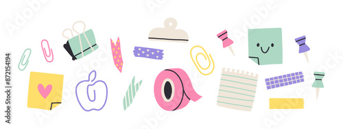Flat stationery set. Note sheet, sticker and duct tape, push pin, paper clip. Template card for printable kids organizer