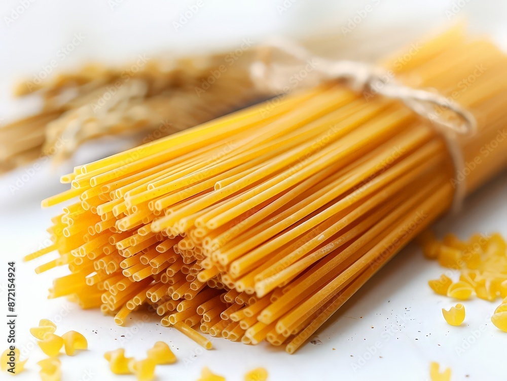 bunch of uncooked white pasta noodles, displaying their uniform shape and smooth surface. bunch of uncooked white pasta noodles, displaying their uniform shape and smooth surface.