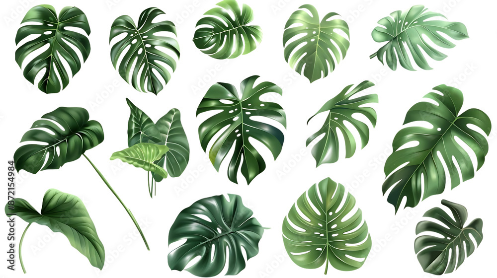 Illustration of Green Monstera Leaves on Black Background