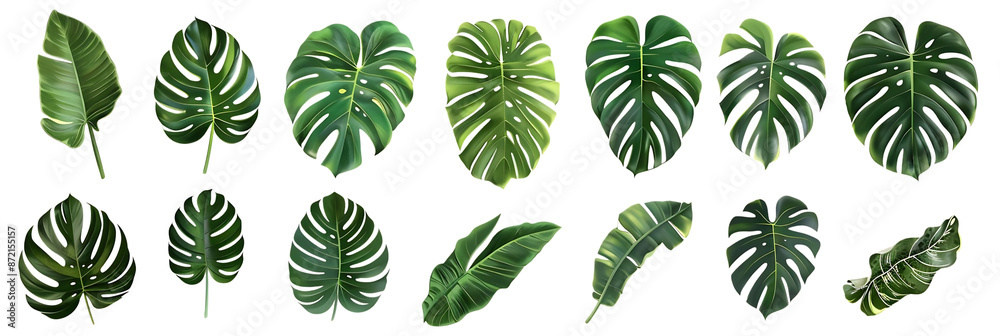 Tropical Green Leaf Illustration - Monstera and Banana Leaves on Black Background Tropical Green Leaf Illustration - Monstera and Banana Leaves on Black Background