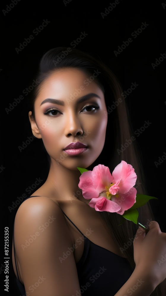 portrait of a woman with flower black background