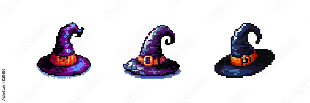 Fototapeta premium Pixel art Halloween witch hat icon, Halloween Day special set of against Transparent background