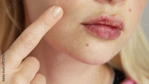 Woman checking her damaged lips with cold and herpes painful redness and bruising from rashes. Decreased immunity, allergy and illness.