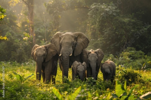 Amidst the greenery of a safari forest an elephant family is captured enjoying a sunny day The parents stand proudly with their two calves frolicking around them The sunlight enhances the natural photo
