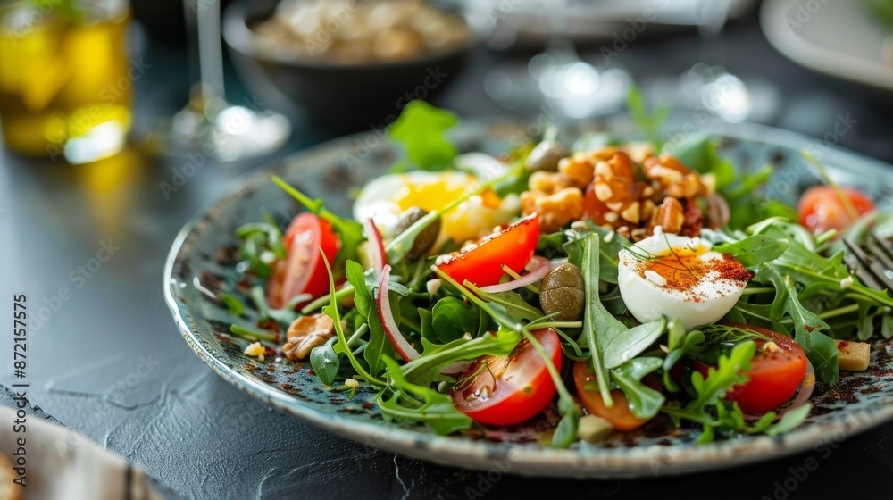 French cuisine. Nicoise salad with arugula, nuts and capers. French cuisine. Nicoise salad with arugula, nuts and capers.