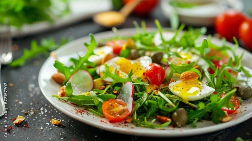 French cuisine. Nicoise salad with arugula, nuts and capers. French cuisine. Nicoise salad with arugula, nuts and capers.
