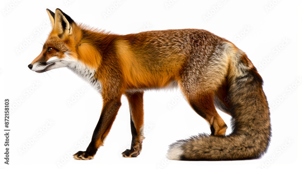 Fototapeta premium Full body profile of fox isolated on white background with copyspace area.
