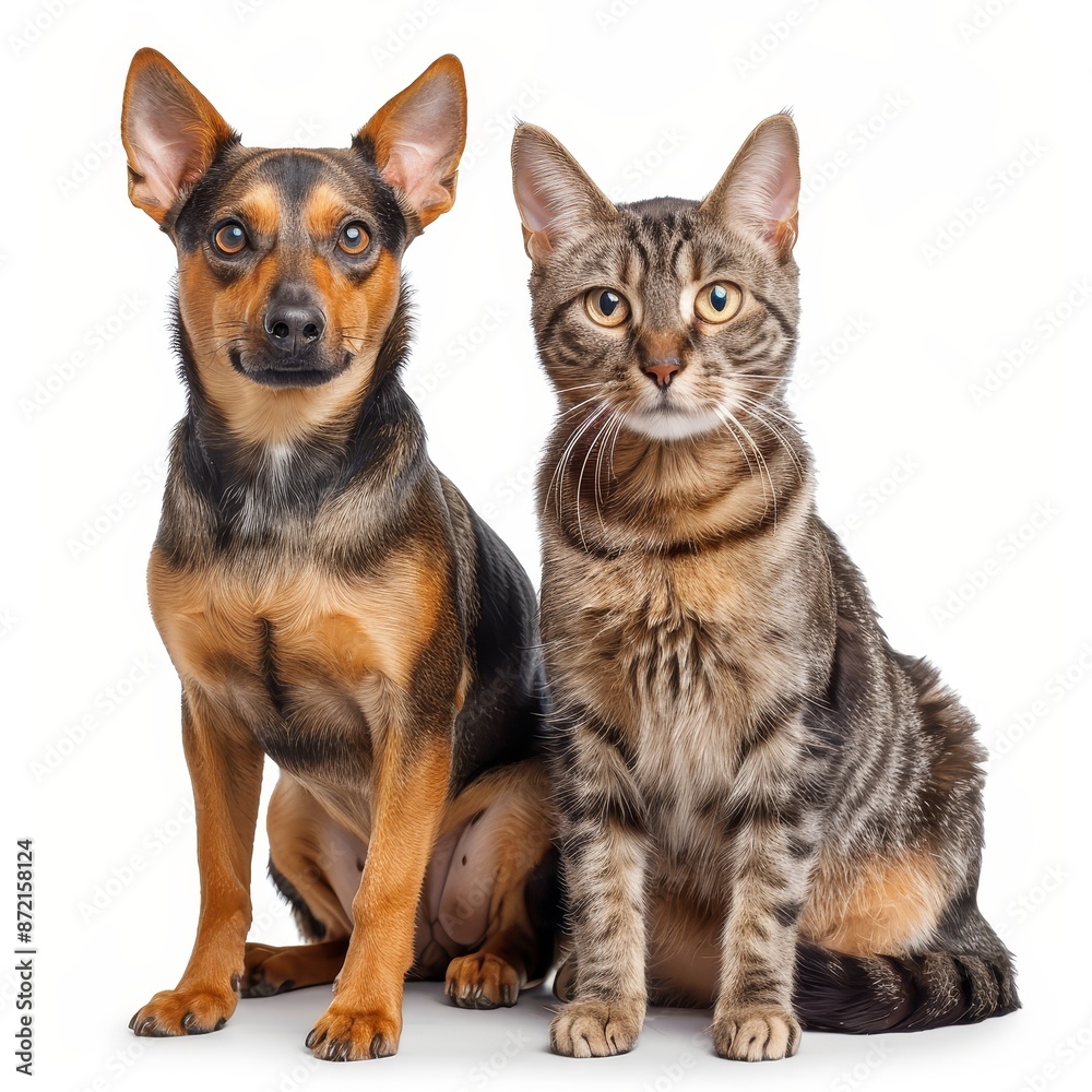 An image of a dog and a cat looking at the camera on a white background