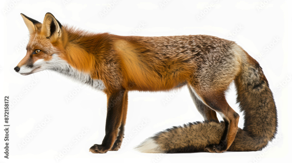 Fototapeta premium Full body profile of fox isolated on white background with copyspace area.