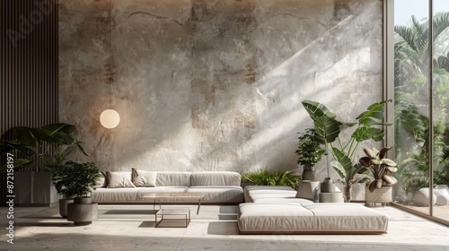 A spacious modern living room interior featuring a large sofa floor lamp and plants against a textured wall and large window reflecting a minimalist design concept. 3D Rendering