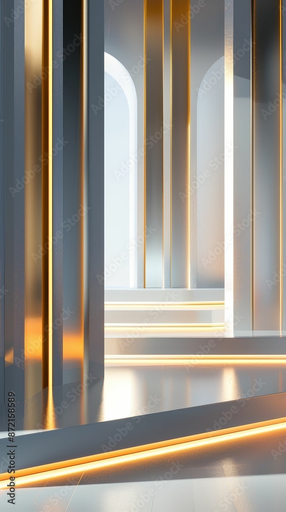 Abstract silver and gold podium with geometric shapes, Modern, Bright hues, Digital art