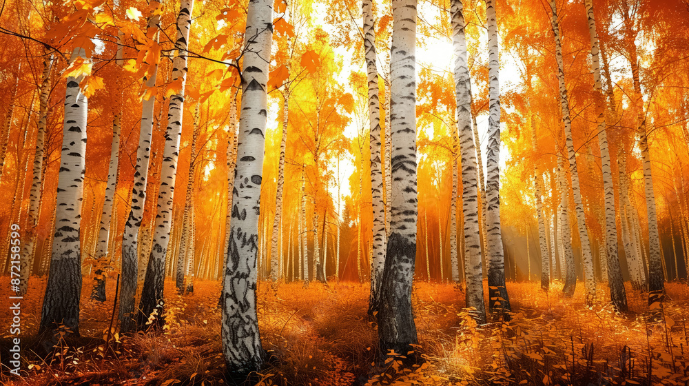 Fototapeta premium Autumn birch grove or forest with fallen yellow leaves and white tree trunks creates picturesque landscape, capturing essence of season. Serene mood.