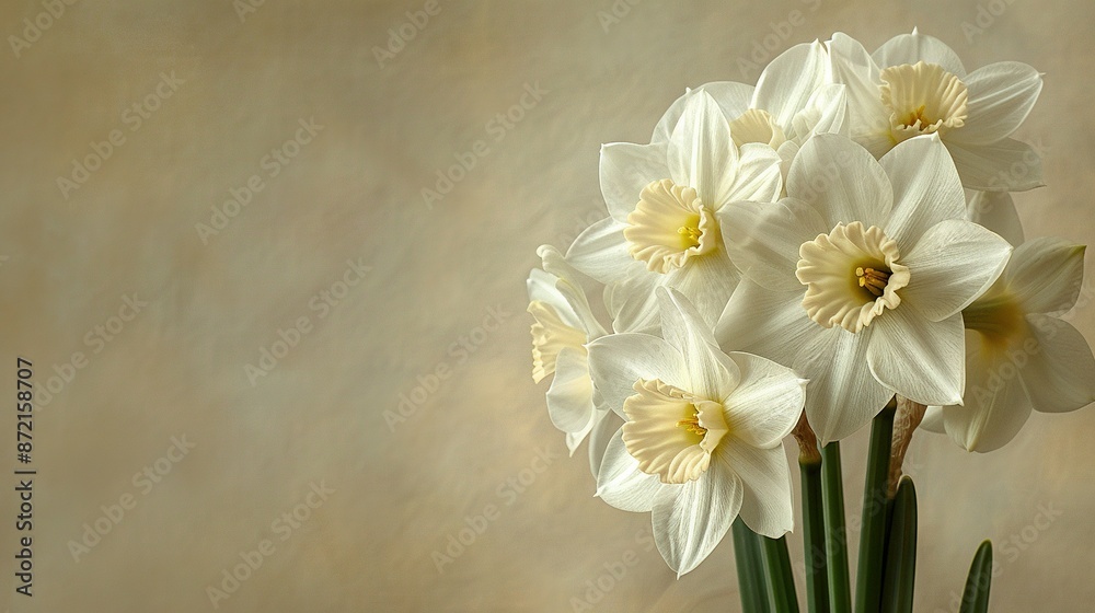   White and yellow flowers fill a wooden table-top vase, while a beige wall frames it A black vase nearby holds more white and yellow daffodils