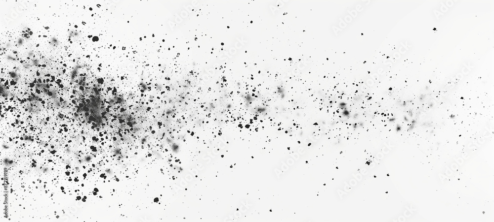 White background with black ink dust particles flying around White background with black ink dust particles flying around