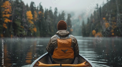 Solo Canoe Trip Through Autumn Forest in Rain © yganko