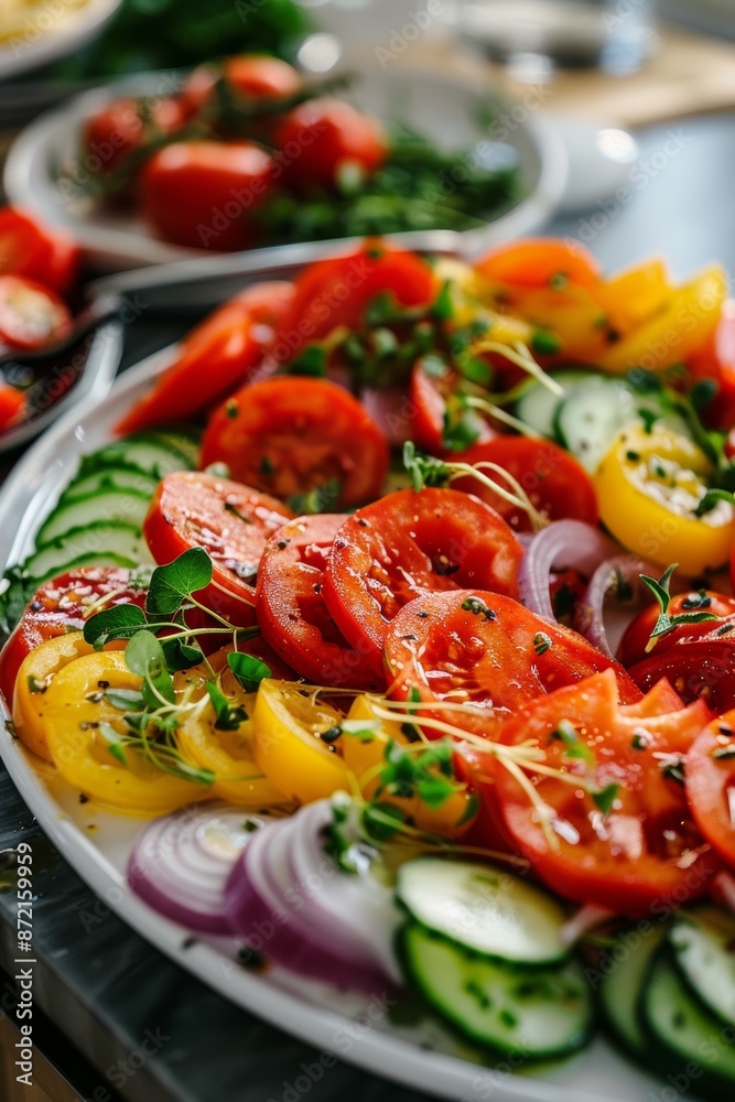 Fresh Tomato Salad with Cucumbers, Red Onions, and Herbs in Modern Kitchen Setting Fresh Tomato Salad with Cucumbers, Red Onions, and Herbs in Modern Kitchen Setting
