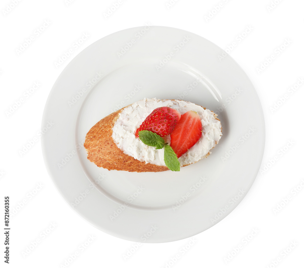 Delicious ricotta bruschetta with strawberry and mint isolated on white, top view