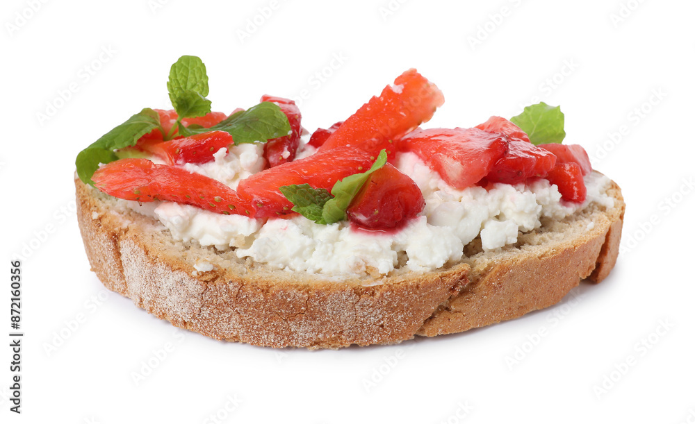 Delicious bruschetta with fresh ricotta (cream cheese), strawberry and mint isolated on white Delicious bruschetta with fresh ricotta (cream cheese), strawberry and mint isolated on white