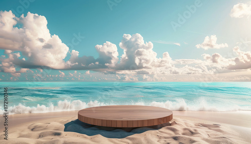A podium platform sits on a white sandy beach, with palm trees and a blue ocean in the background, Beach platform palm trees ocean background travel brochures vacation ads tropical