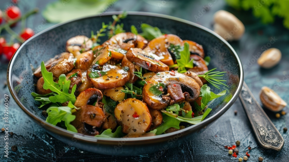 French cuisine. Mushroom salad with cheese dressing and herbs. French cuisine. Mushroom salad with cheese dressing and herbs.
