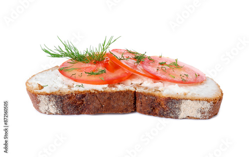Delicious ricotta bruschetta with sliced tomatoes and dill isolated on white