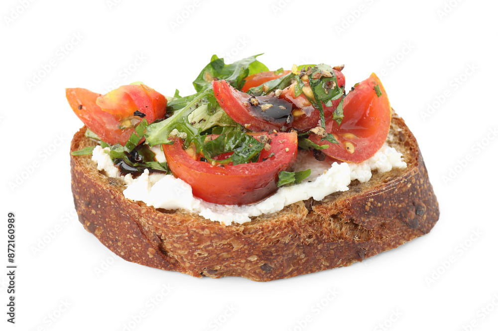 Delicious bruschetta with ricotta cheese, tomatoes and arugula isolated on white Delicious bruschetta with ricotta cheese, tomatoes and arugula isolated on white