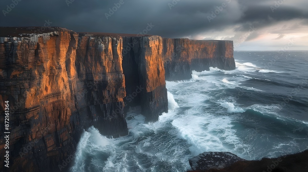Dramatic,Craggy Coastline with Foaming Ocean Waves in Moody Lighting Dramatic,Craggy Coastline with Foaming Ocean Waves in Moody Lighting